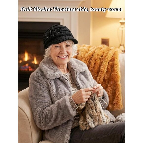 Women\'s Beautiful Style Crochet Black Flower Brim Knit Winter Warm Hat Cap main image 5
